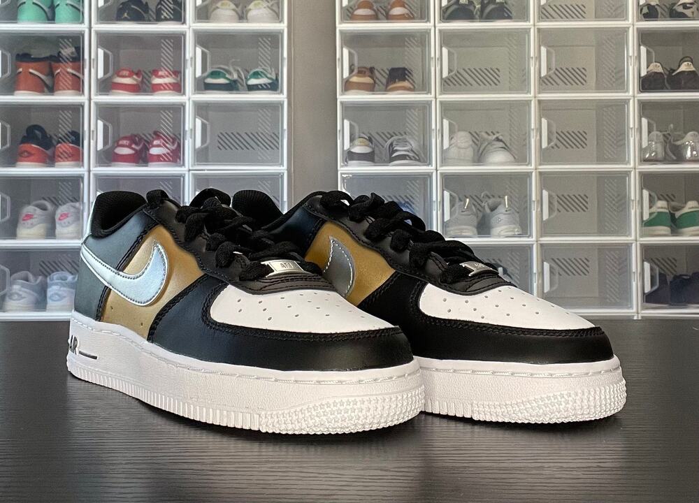 Nike Air Force 1 Low Black Gold Metallic Silver Size 4Y/5.5W